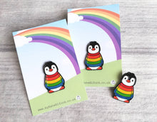 Load image into Gallery viewer, Rainbow penguin soft enamel pin, penguin brooch. Rainbow jumper, boo the penguin