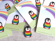 Load image into Gallery viewer, Rainbow penguin soft enamel pin, penguin brooch. Rainbow jumper, boo the penguin
