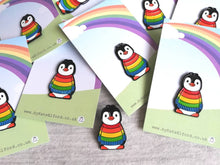 Load image into Gallery viewer, Rainbow penguin soft enamel pin, penguin brooch. Rainbow jumper, boo the penguin