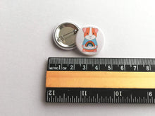 Load image into Gallery viewer, Back and front of a badge. Mini guinea pig button badge, wearing a happy rainbow and cloud jumper
