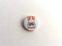 Load image into Gallery viewer, Mini guinea pig button badge, wearing a happy rainbow and cloud jumper