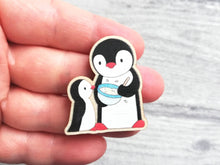 Load image into Gallery viewer, Kitchen penguins, little mixing bowl magnet, baking, wooden penguin, fridge magnet