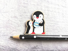 Load image into Gallery viewer, Kitchen penguins, little mixing bowl magnet, baking, wooden penguin, fridge magnet