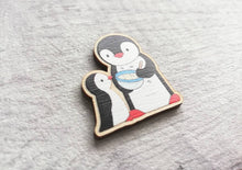 Load image into Gallery viewer, Kitchen penguins, little mixing bowl magnet, baking, wooden penguin, fridge magnet