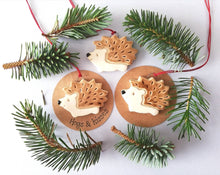 Load image into Gallery viewer, Pottery hedgehog hanger. Little hedgehog tag. Hand painted ceramics, hogs and kisses
