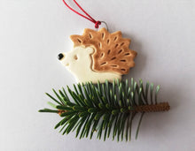 Load image into Gallery viewer, Pottery hedgehog hanger. Little hedgehog tag. Hand painted ceramics, hogs and kisses