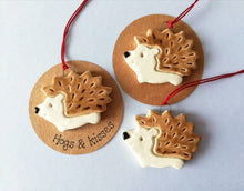 Load image into Gallery viewer, Pottery hedgehog hanger. Little hedgehog tag. Hand painted ceramics, hogs and kisses