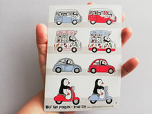 Load image into Gallery viewer, Wilf the penguin. Road trip vinyl sticker sheet, campervan, scooter, ice cream van and beetle sticker, cute, planner, bullet point, journal