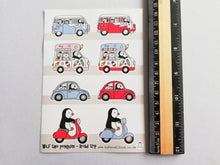 Load image into Gallery viewer, Wilf the penguin. Road trip vinyl sticker sheet, campervan, scooter, ice cream van and beetle sticker, cute, planner, bullet point, journal