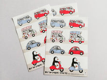 Load image into Gallery viewer, Wilf the penguin. Road trip vinyl sticker sheet, campervan, scooter, ice cream van and beetle sticker, cute, planner, bullet point, journal
