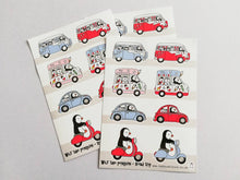 Load image into Gallery viewer, Wilf the penguin. Road trip vinyl sticker sheet, campervan, scooter, ice cream van and beetle sticker, cute, planner, bullet point, journal