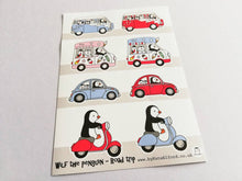 Load image into Gallery viewer, Wilf the penguin. Road trip vinyl sticker sheet, campervan, scooter, ice cream van and beetle sticker, cute, planner, bullet point, journal