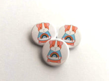 Load image into Gallery viewer, Mini guinea pig button badge, wearing a happy rainbow and cloud jumper