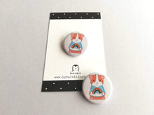 Load image into Gallery viewer, Mini guinea pig button badge, wearing a happy rainbow and cloud jumper