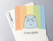 Load image into Gallery viewer, A worry gobbler postcard. A happy, positive message for posting or framing. Anxiety, worry, care gift
