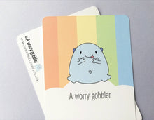 Load image into Gallery viewer, A worry gobbler postcard. A happy, positive message for posting or framing. Anxiety, worry, care gift