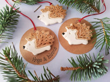Load image into Gallery viewer, Pottery hedgehog hanger. Little hedgehog tag. Hand painted ceramics, hogs and kisses