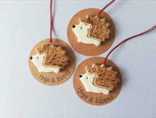 Load image into Gallery viewer, Pottery hedgehog hanger. Little hedgehog tag. Hand painted ceramics, hogs and kisses