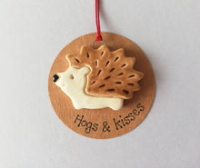 Load image into Gallery viewer, Pottery hedgehog hanger. Little hedgehog tag. Hand painted ceramics, hogs and kisses