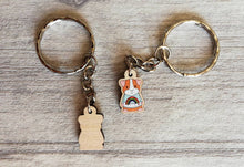 Load image into Gallery viewer, Little guinea pig keyring, cute mini piggy, rainbow jumper wooden key chain, ethically sourced wood, eco friendly charm