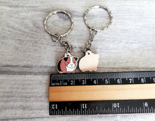 Load image into Gallery viewer, Mini guinea pig keyring, small cavy wooden key fob, ethically sourced wood, tri colour guinea pig key chain, bag charm
