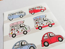 Load image into Gallery viewer, Wilf the penguin. Road trip vinyl sticker sheet, campervan, scooter, ice cream van and beetle sticker, cute, planner, bullet point, journal