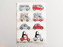 Load image into Gallery viewer, Wilf the penguin. Road trip vinyl sticker sheet, campervan, scooter, ice cream van and beetle sticker, cute, planner, bullet point, journal