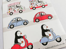 Load image into Gallery viewer, Wilf the penguin. Road trip vinyl sticker sheet, campervan, scooter, ice cream van and beetle sticker, cute, planner, bullet point, journal