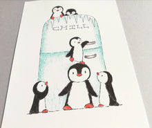 Load image into Gallery viewer, Penguin kitchen picture, cute chill penguins, fridge, freezer, unframed 7x5
