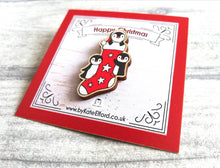 Load image into Gallery viewer, Christmas penguins, stocking pin, and decoration, wooden penguin, eco friendly