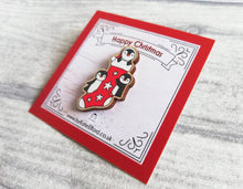 Load image into Gallery viewer, Christmas stocking pin, penguin wooden pin brooch, Responsibly resourced wood, eco friendly. Christmas penguins stocking filler