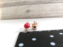 Load image into Gallery viewer, Hedgehog and toadstool earrings, ceramic, miniature hedgehogs, mini hogs, tiny mushroom, mis matched autumn sterling silver earrings.