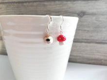 Load image into Gallery viewer, Hedgehog and toadstool earrings, ceramic, miniature hedgehogs, mini hogs, tiny mushroom, mis matched autumn sterling silver earrings.