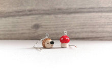Load image into Gallery viewer, Hedgehog and toadstool earrings, ceramic, miniature hedgehogs, mini hogs, tiny mushroom, mis matched autumn sterling silver earrings.
