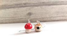 Load image into Gallery viewer, Hedgehog and toadstool earrings, ceramic, miniature hedgehogs, mini hogs, tiny mushroom, mis matched autumn sterling silver earrings.