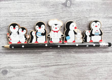 Load image into Gallery viewer, Kitchen penguin magnet set, little chef, baking, cooking, aprons, cake, wooden fridge magnet. Eco friendly responsibly sourced wood