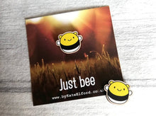 Load image into Gallery viewer, Little bumble bee magnet, cute mini bee, happy just bee wooden magnet, ethically sourced wood, eco friendly fridge magnet
