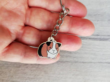 Load image into Gallery viewer, Mini guinea pig keyring, small cavy wooden key fob, ethically sourced wood, tri colour guinea pig key chain, bag charm