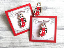 Load image into Gallery viewer, Christmas stocking pin, penguin wooden pin brooch, Responsibly resourced wood, eco friendly. Christmas penguins stocking filler