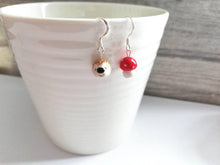 Load image into Gallery viewer, Hedgehog and toadstool earrings, ceramic, miniature hedgehogs, mini hogs, tiny mushroom, mis matched autumn sterling silver earrings.