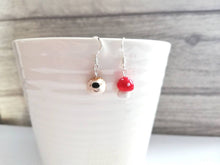 Load image into Gallery viewer, Hedgehog and toadstool earrings, ceramic, miniature hedgehogs, mini hogs, tiny mushroom, mis matched autumn sterling silver earrings.