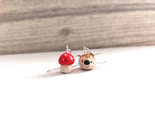 Load image into Gallery viewer, Hedgehog and toadstool earrings, ceramic, miniature hedgehogs, mini hogs, tiny mushroom, mis matched autumn sterling silver earrings.