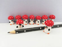 Load image into Gallery viewer, Toadstool penguin. Little penguin in a box, autumn miniature pottery penguin in a red and white mushroom, ceramic quirky Halloween gift