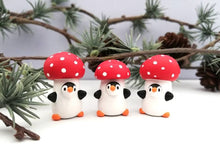 Load image into Gallery viewer, Toadstool penguin. Little penguin in a box, autumn miniature pottery penguin in a red and white mushroom, ceramic quirky Halloween gift