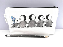 Load image into Gallery viewer, Penguin chick make up bag. 100% cotton. Zip opening with black lining