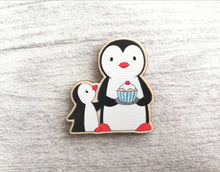 Load image into Gallery viewer, Kitchen penguin magnet set, little chef, baking, cooking, aprons, cake, wooden fridge magnet. Eco friendly responsibly sourced wood