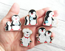 Load image into Gallery viewer, Kitchen penguin magnet set, little chef, baking, cooking, aprons, cake, wooden fridge magnet. Eco friendly responsibly sourced wood