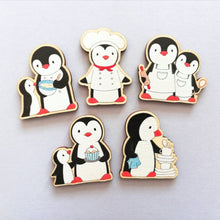 Load image into Gallery viewer, Kitchen penguin magnet set, little chef, baking, cooking, aprons, cake, wooden fridge magnet. Eco friendly responsibly sourced wood