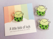 Load image into Gallery viewer, A little blob of luck magnet, mini cute lucky clover pants tiny fridge magnet, postable good luck, happiness, supportive, recycled acrylic