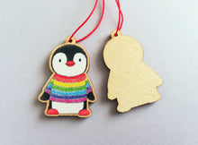 Load image into Gallery viewer, Penguin mini Christmas decoration. Rainbow jumper small wooden penguin. Christmas jumper, Cute Christmas tree ornament